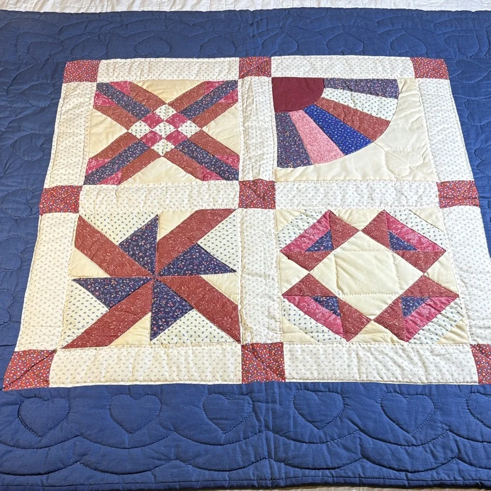 Handmade‎ Vintage Sampler Quilt Blue Border Hearts Fan Pinwheel Americana Decor